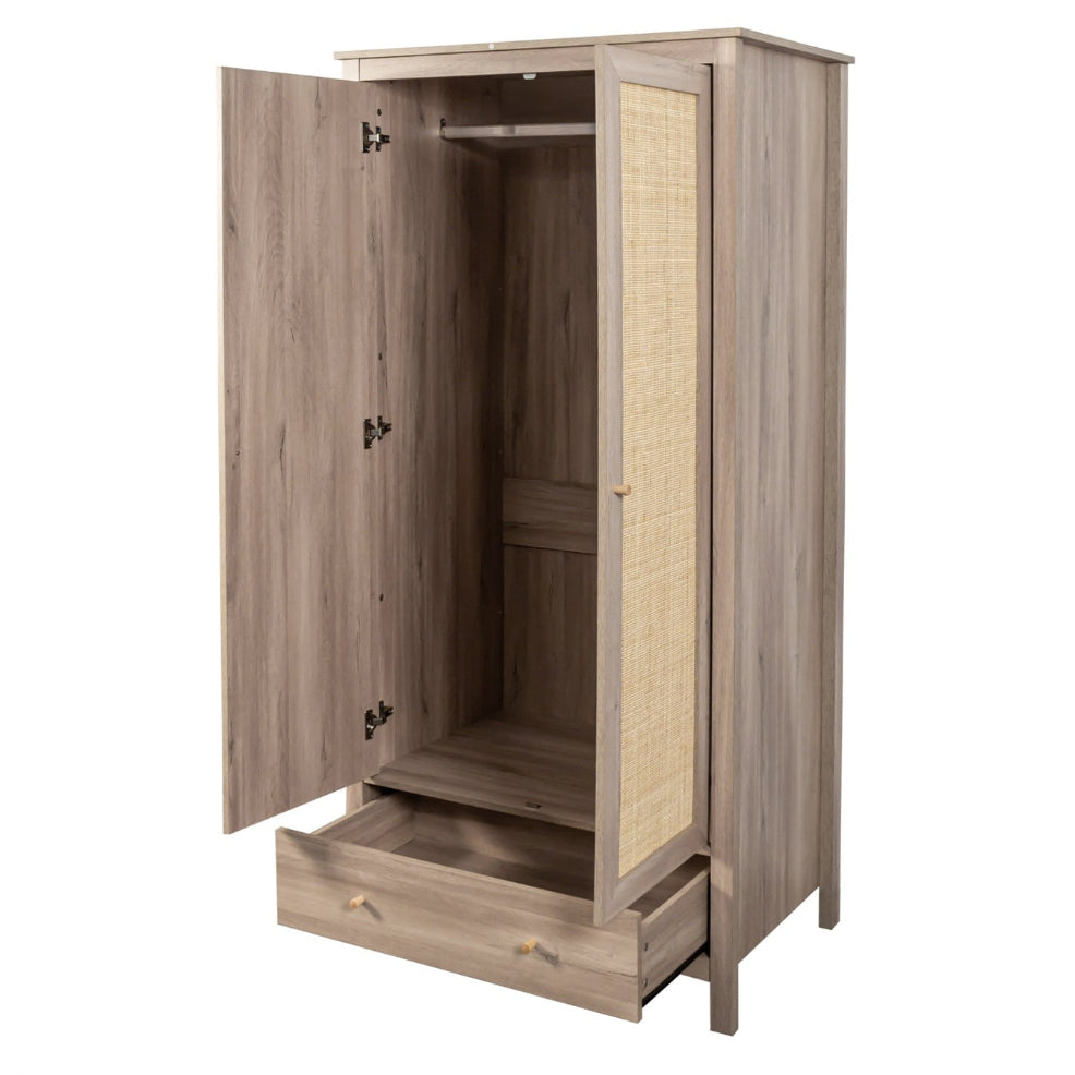 Willow Rattan Double Wardrobe with 1 Drawer Oak
