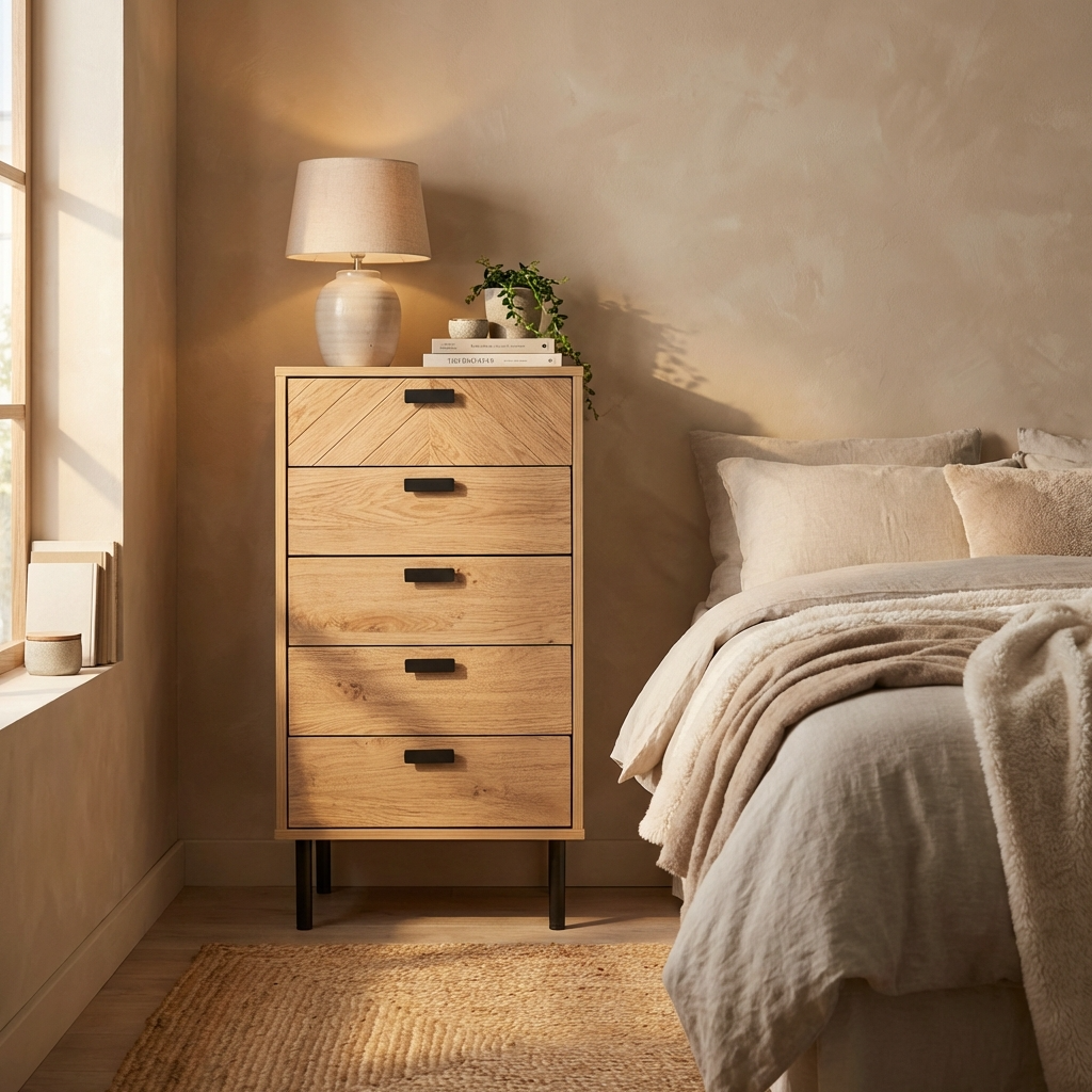 Leon Herringbone Retro 5 Drawer Narrow Chest