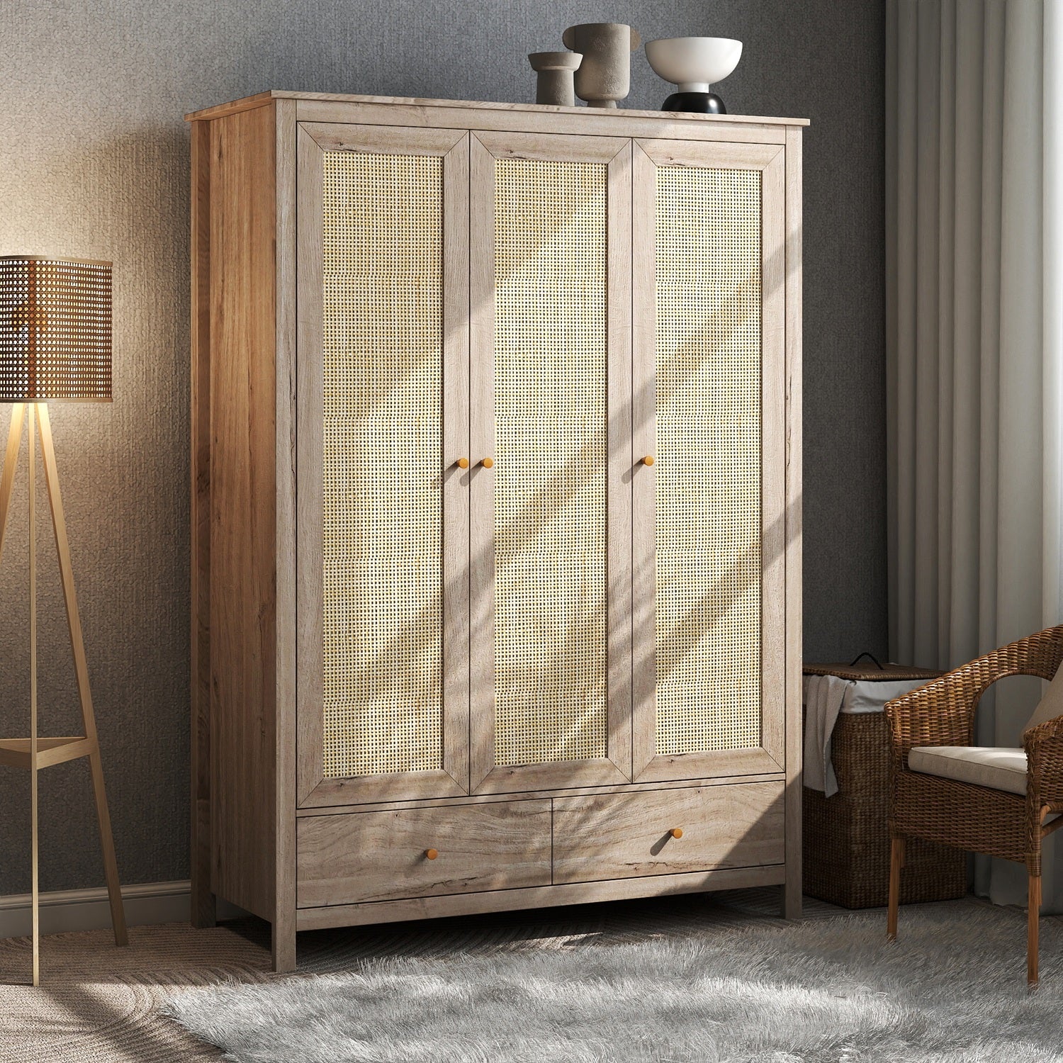 Willow Rattan 3 Door Triple Wardrobe with 2 Drawers