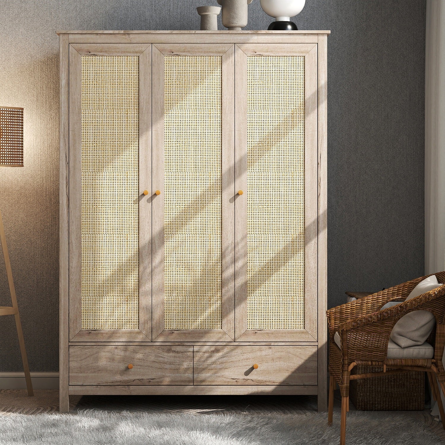 Willow Rattan 3 Door Triple Wardrobe with 2 Drawers