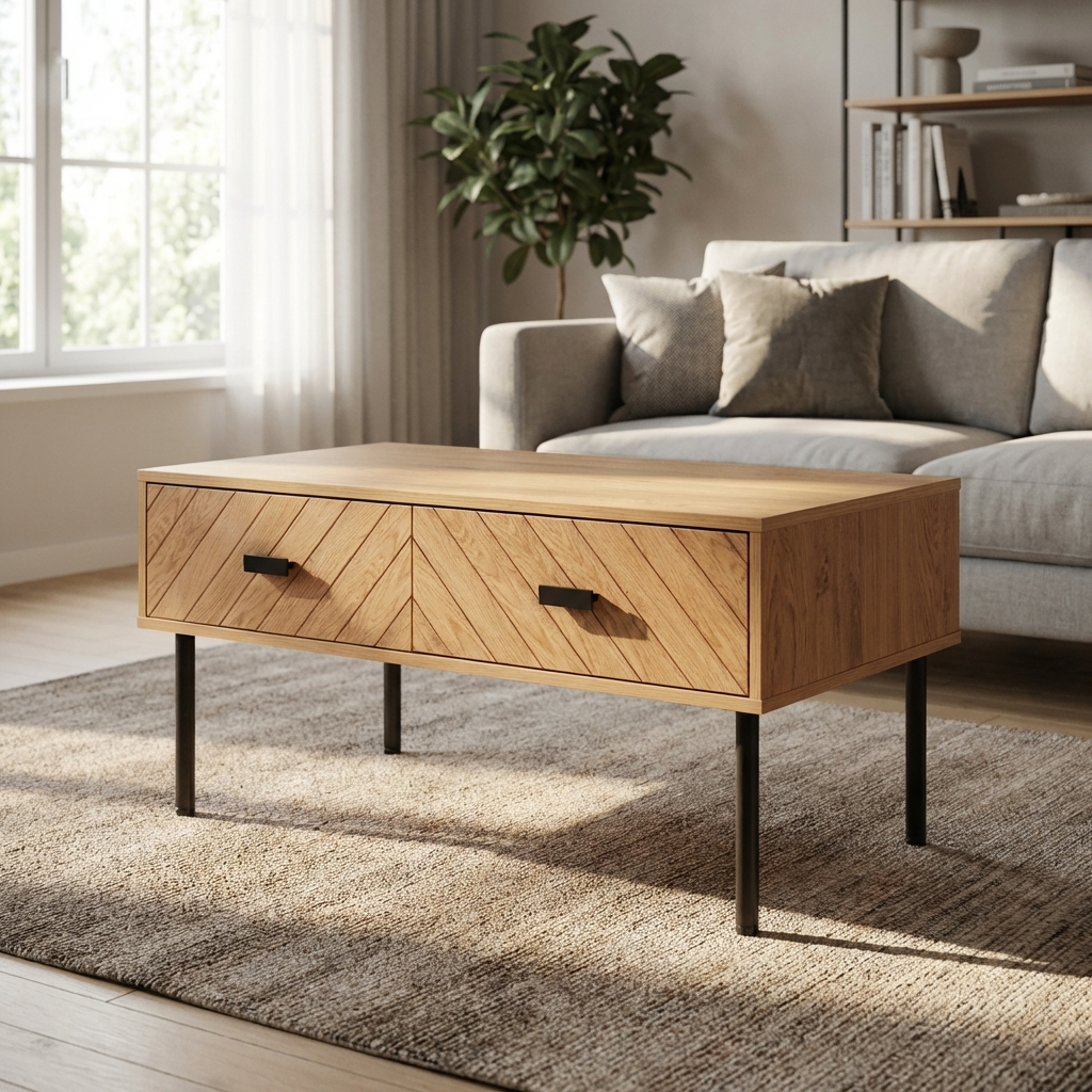 Leon Herringbone Retro 2 Drawer Coffee Table