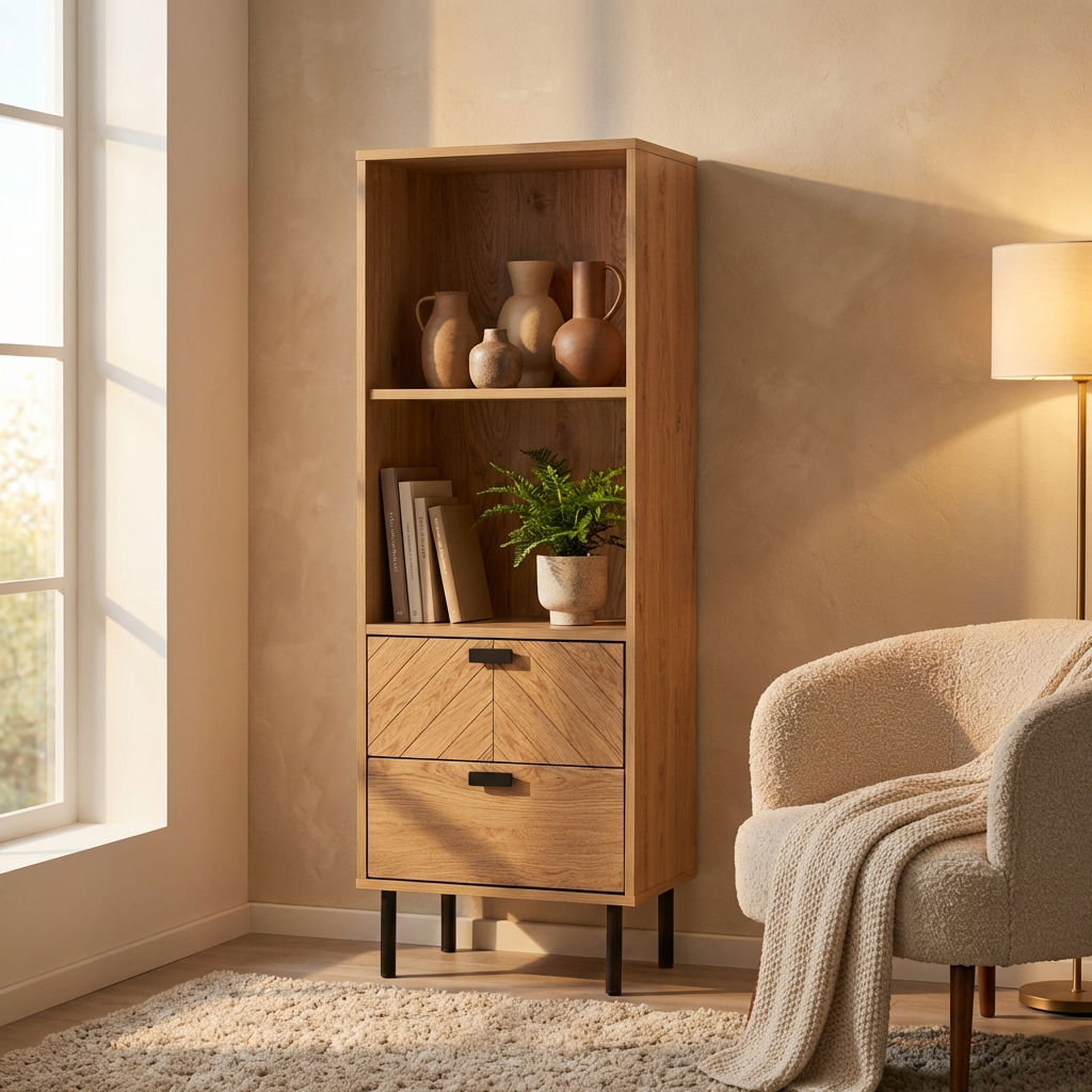 Leon Herringbone Retro 2 Drawer 2 Shelf Cabinet