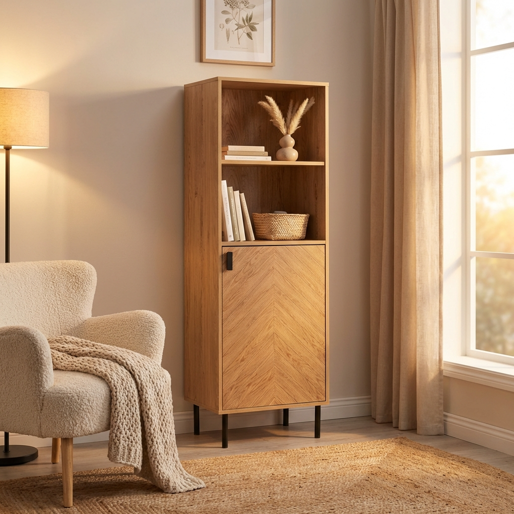 Leon Herringbone Retro 1 Door 2 Shelf Cabinet