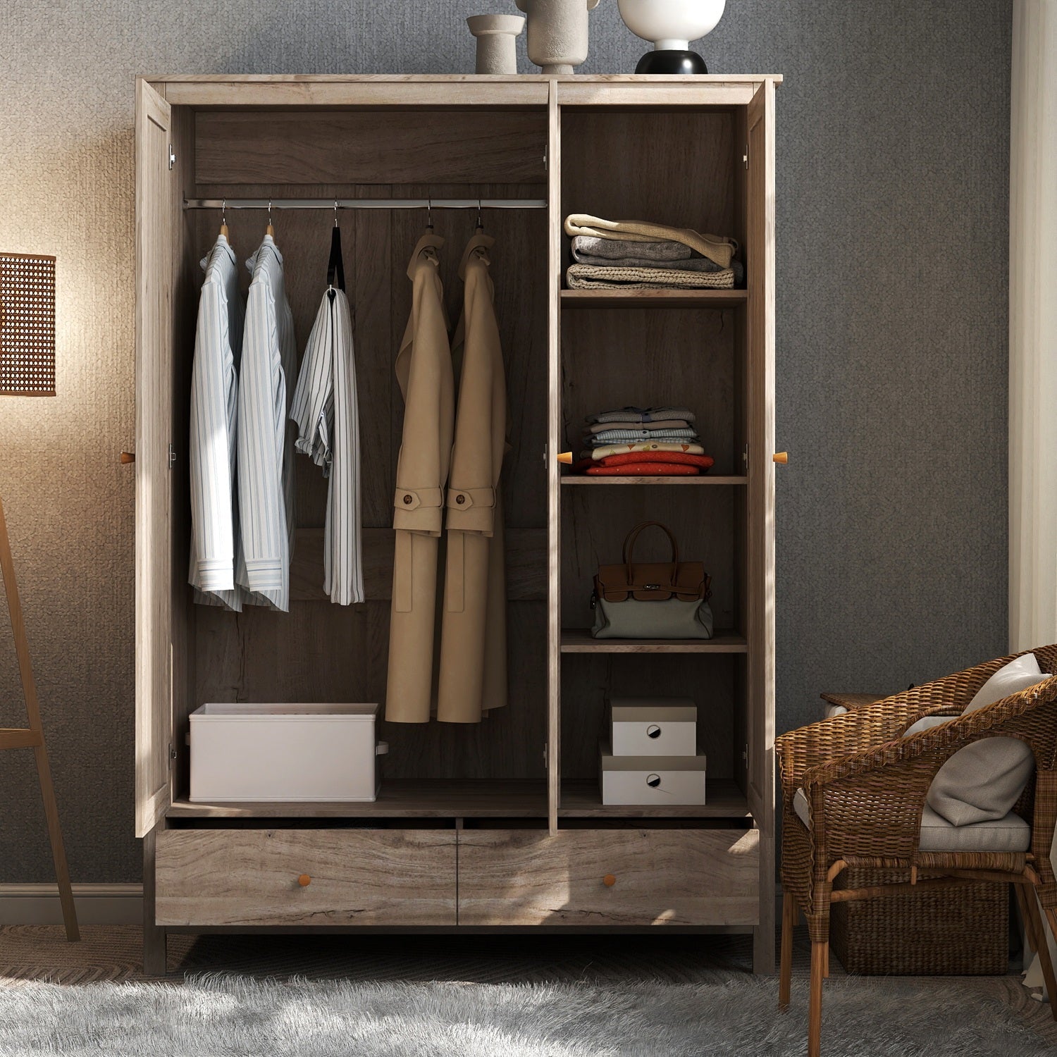 Willow Rattan 3 Door Triple Wardrobe with 2 Drawers