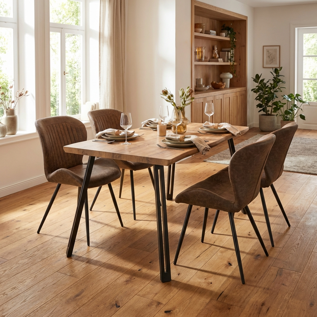 Quebec Wave Edge Dining Table Set with 4 Faux Leather Chairs