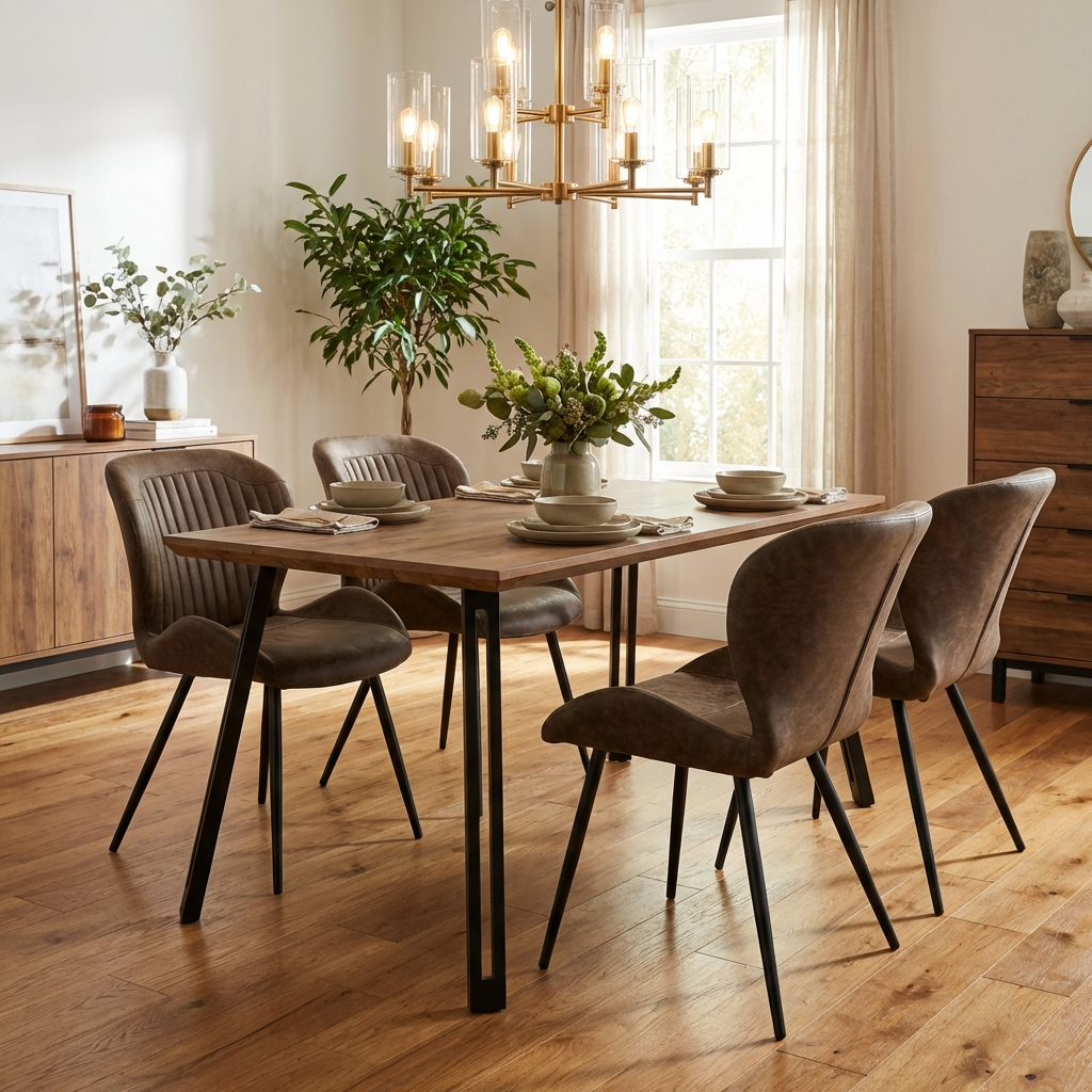 Quebec Straight Edge Dining Table with 4 Faux Leather Dining Chairs