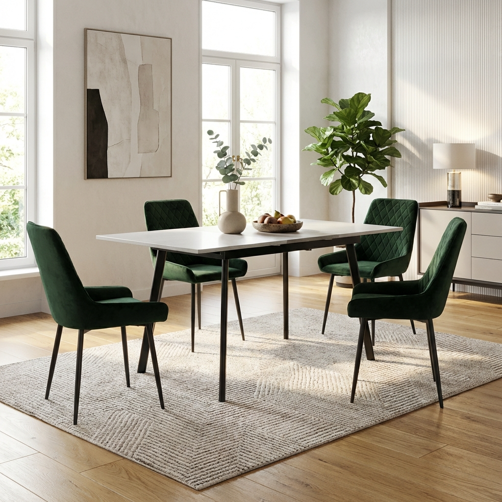 Avery Extending Dining Table with 4 Velvet Chairs