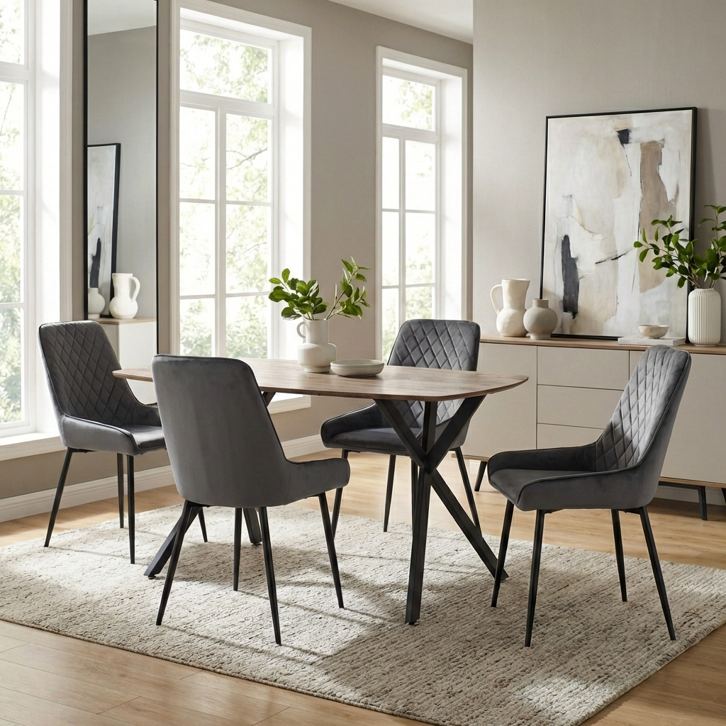 Athens Dining Table with 4 Avery Velvet Dining Chairs
