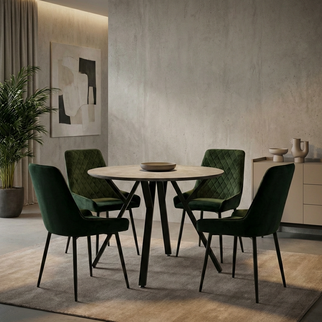 Athens Round Dining Table with 4 Avery Velvet Chairs