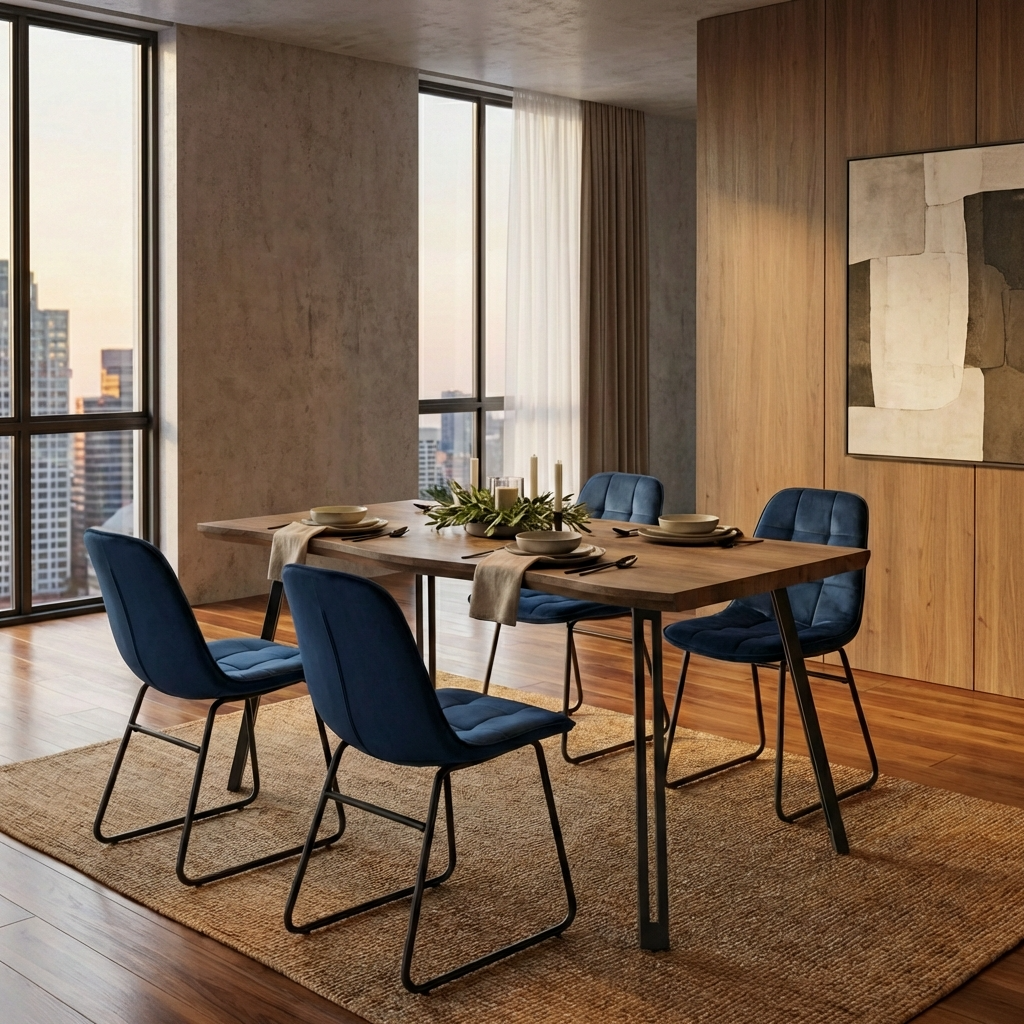 Quebec Wave Edge Dining Table with 4 Velvet Lukas Chairs