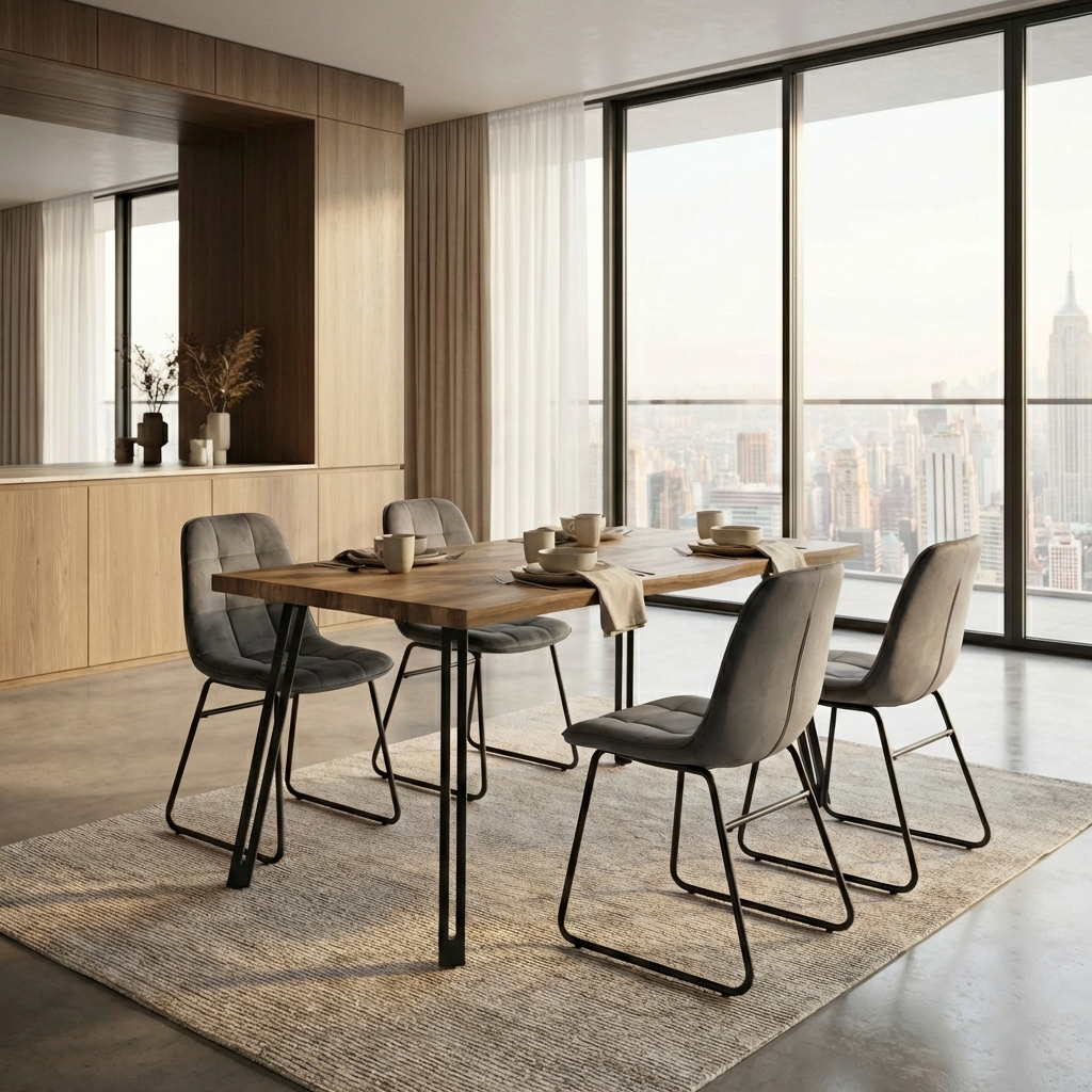 Quebec Wave Edge Dining Table with 4 Velvet Lukas Chairs