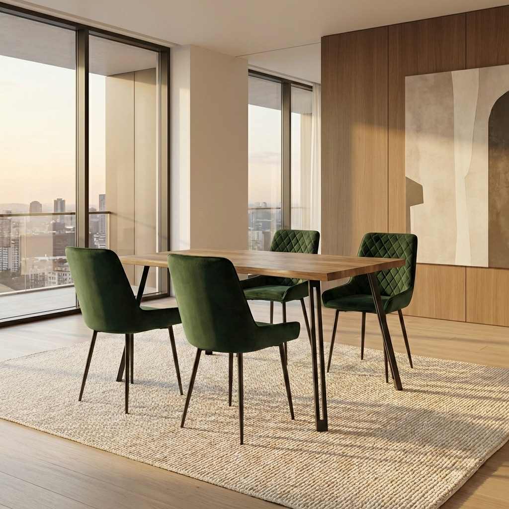 Quebec Wave Edge Dining Table with 4 Avery Velvet Dining Chairs