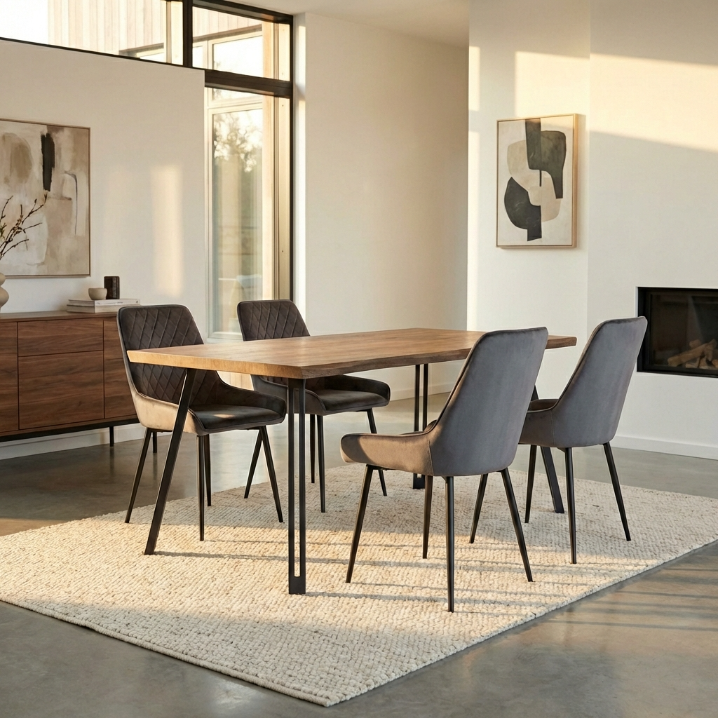 Quebec Wave Edge Dining Table with 4 Avery Velvet Dining Chairs