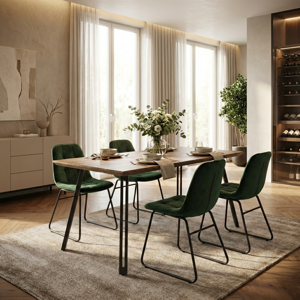Quebec Straight Edge Dining Table with 4 Lukas Velvet Dining Chairs