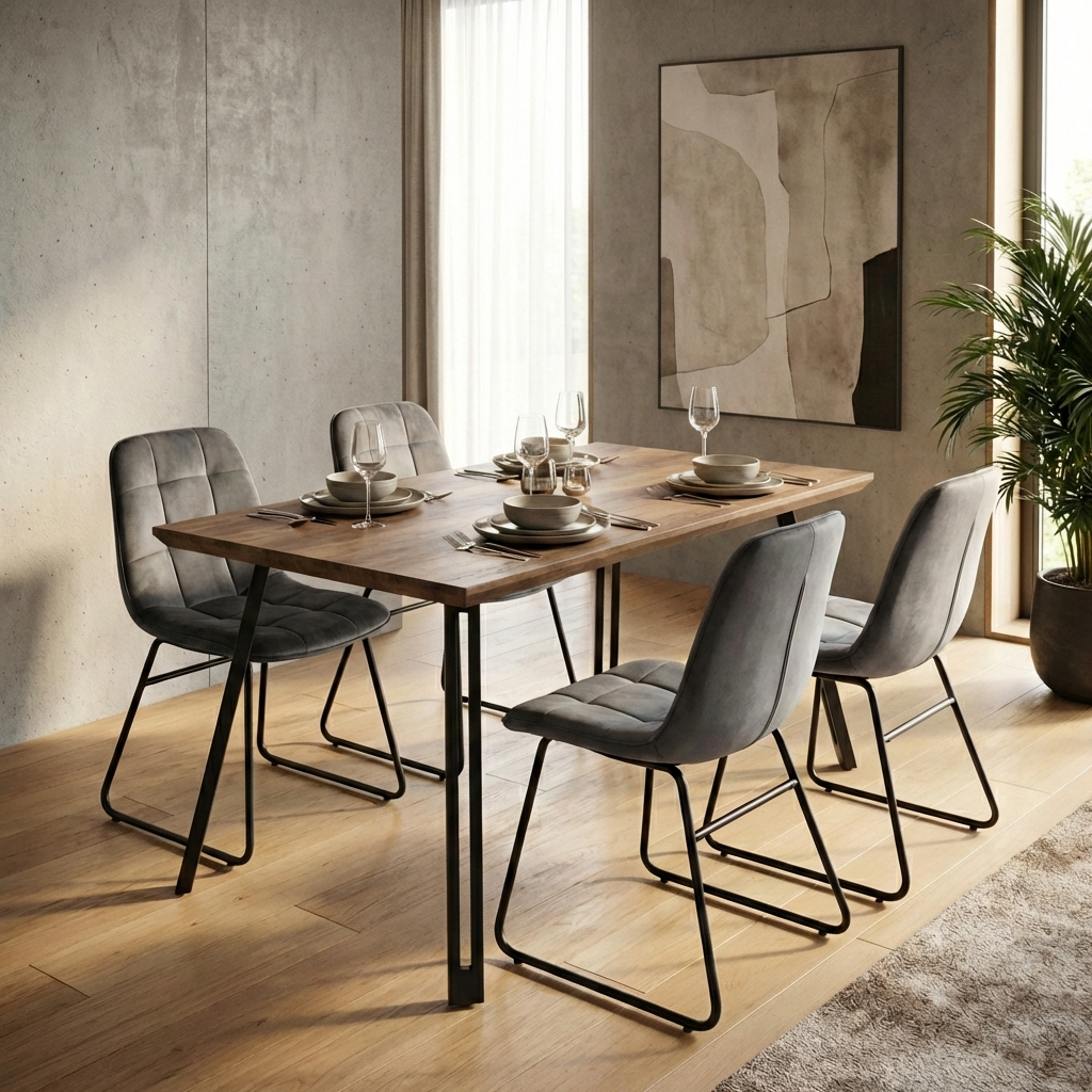 Quebec Straight Edge Dining Table with 4 Lukas Velvet Dining Chairs