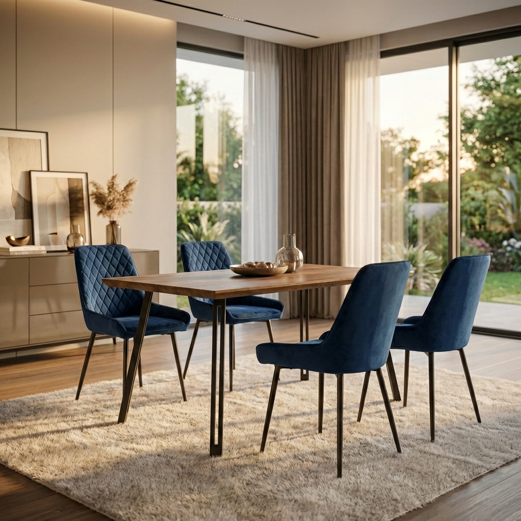 Quebec Straight Edge Dining Table with 4 Avery Velvet Dining Chairs