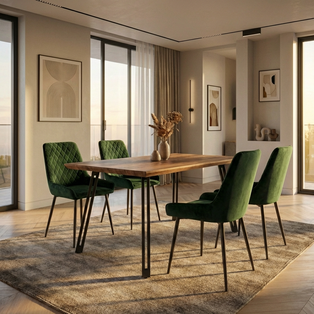 Quebec Straight Edge Dining Table with 4 Avery Velvet Dining Chairs
