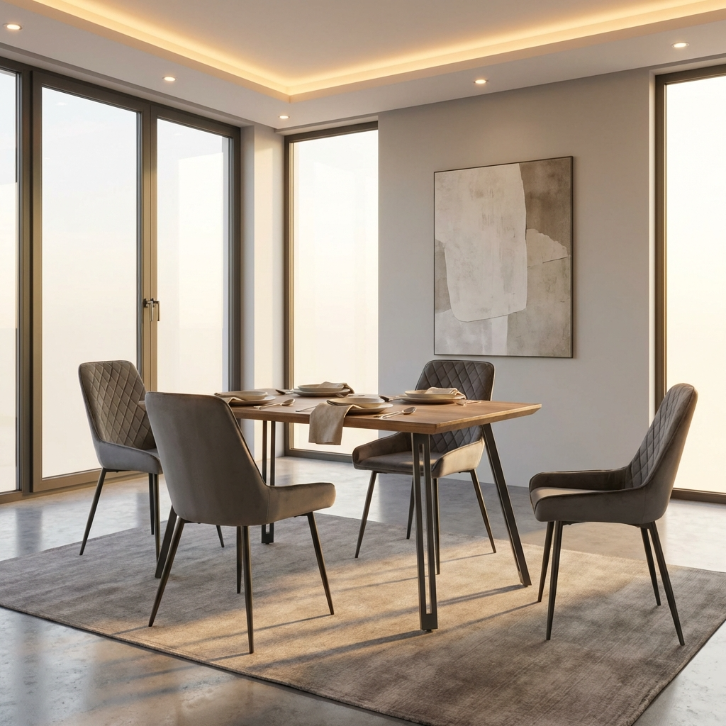 Quebec Straight Edge Dining Table with 4 Avery Velvet Dining Chairs