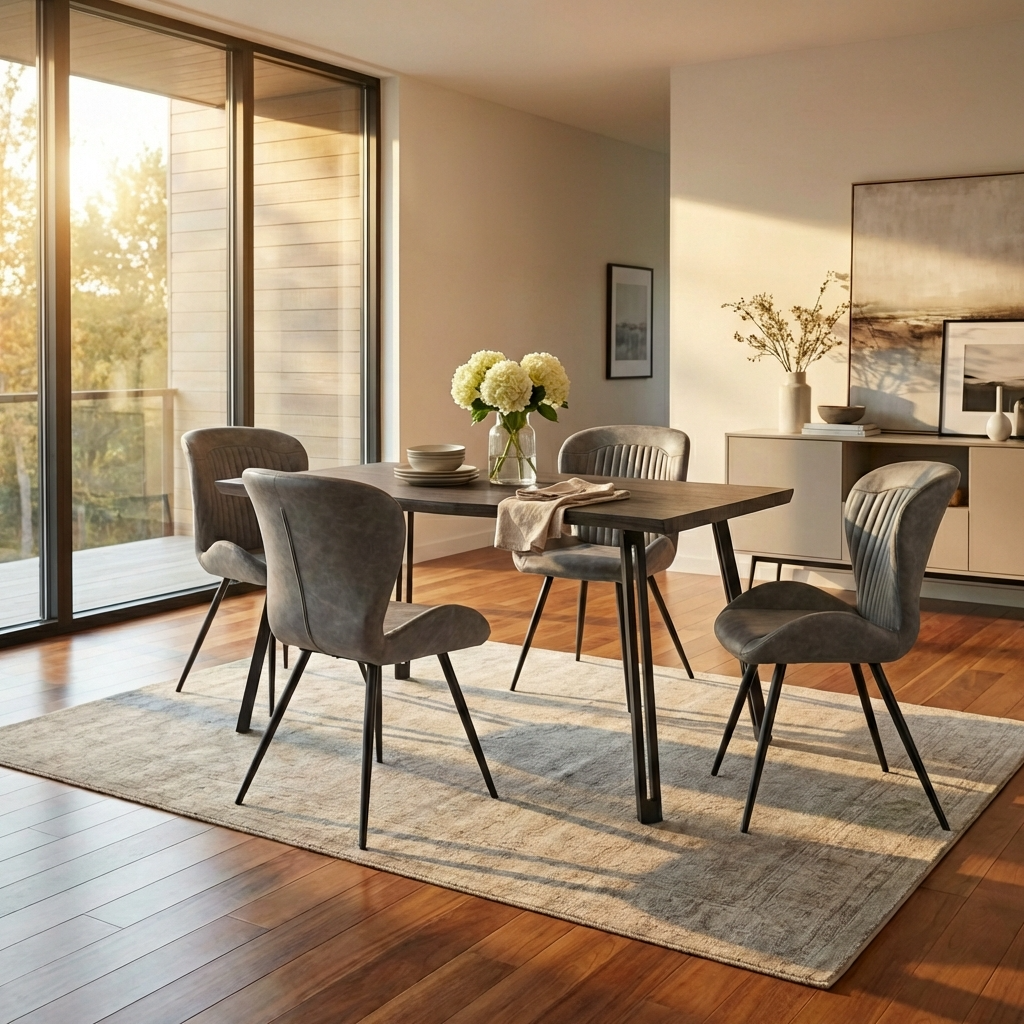 Quebec Wave Edge Dining Table with 4 Faux Leather Dining Chairs