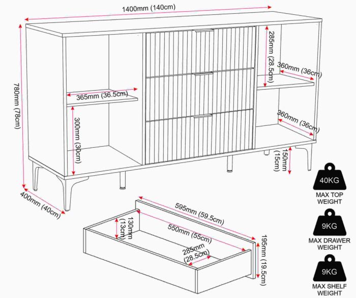 Miami Ridged 2 Door 3 Drawer Fluted Sideboard
