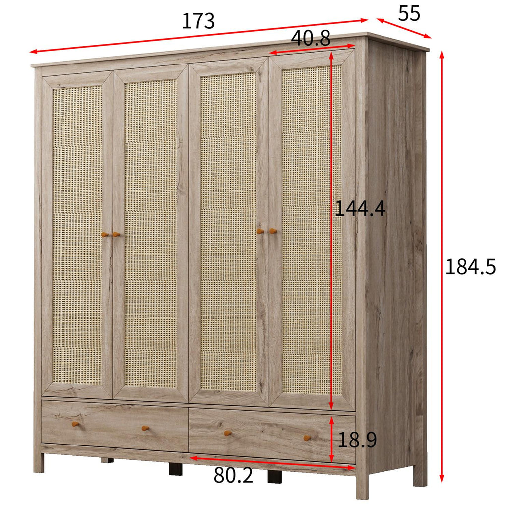 Willow Rattan 4 Door Wardrobe with 2 Drawers
