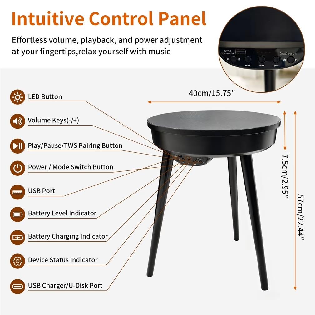 Bluetooth Speaker Side Table with 360° Sound & LED Light