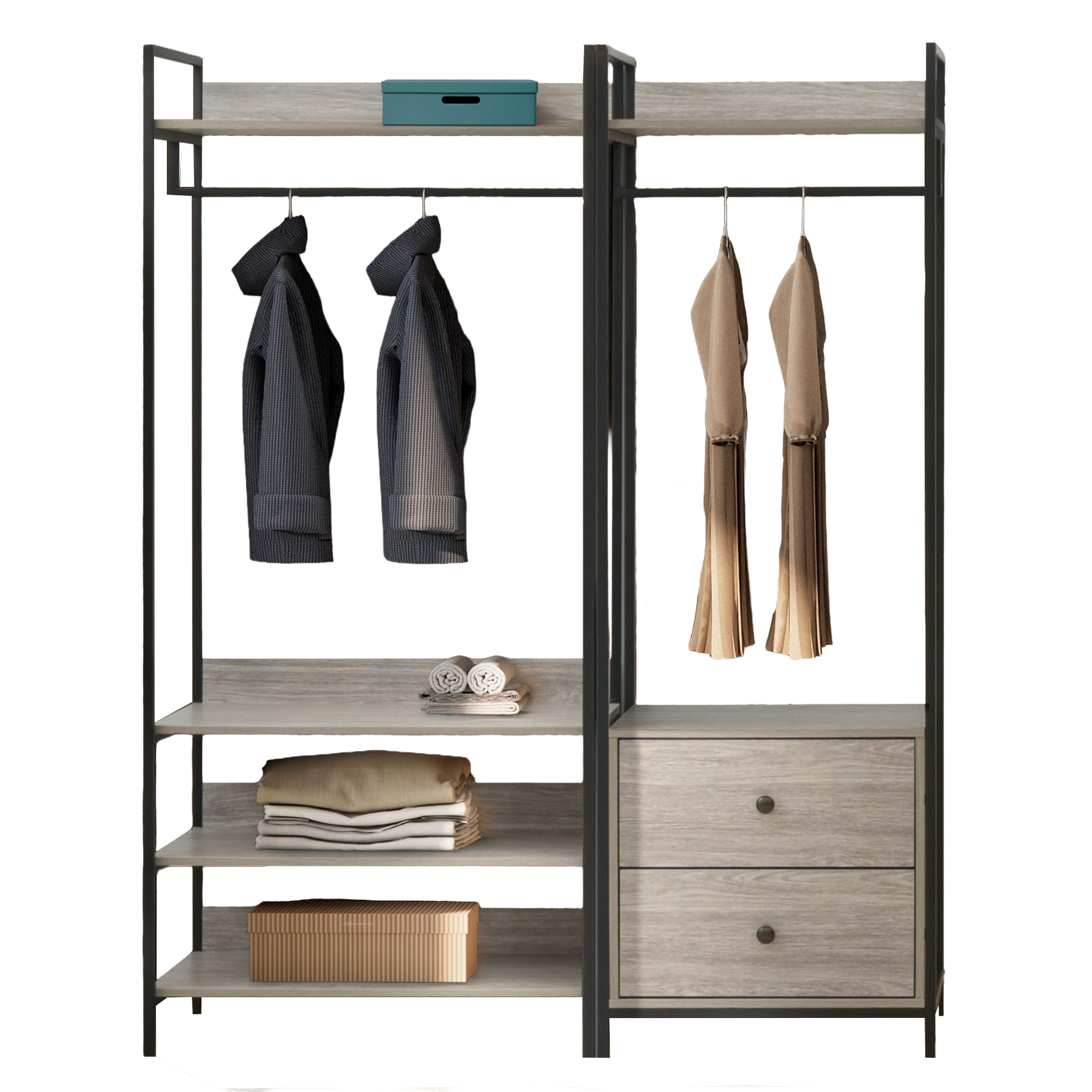 Alva Open Wardrobe Set with 2 Drawers & 4 Shelves