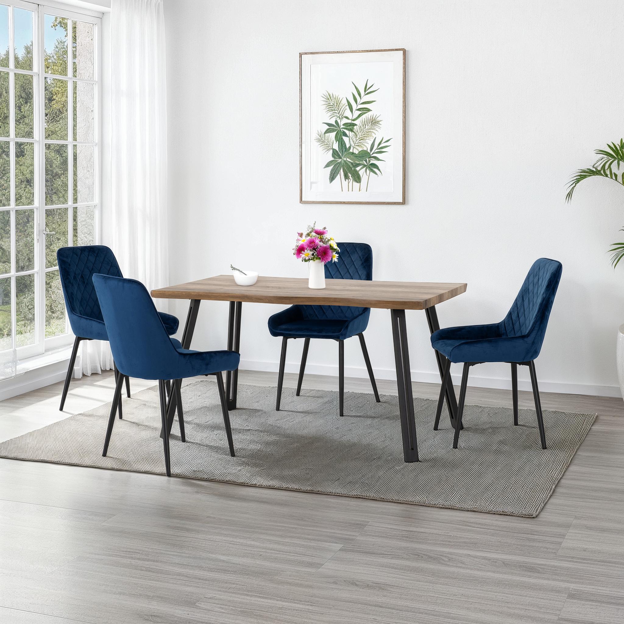 Quebec Wave Edge Dining Table with 4 Avery Velvet Dining Chairs