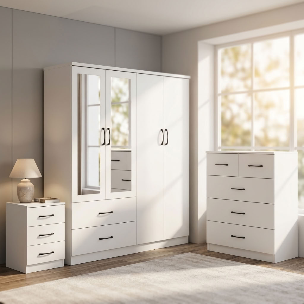Paddington 4 Door Wardrobe & 3+2 Drawer Chest 3 Piece Bedroom Set