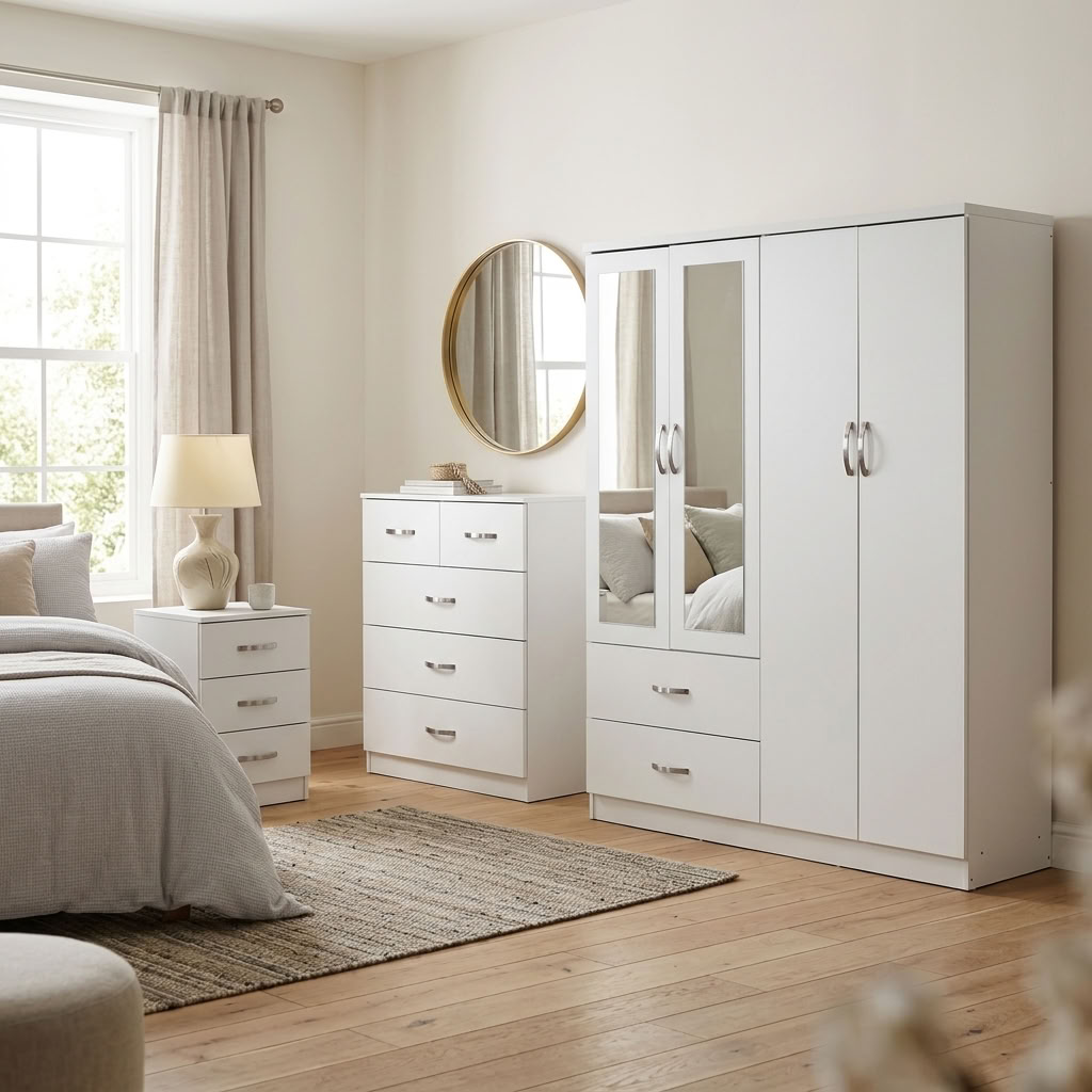Paddington 4 Door Wardrobe & 3+2 Drawer Chest 3 Piece Bedroom Set