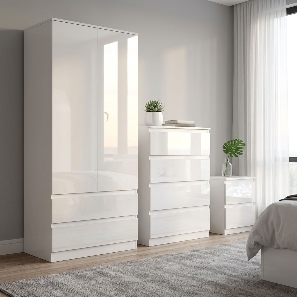 Soho 2 Door Wardrobe & 4 Drawer Chest High Gloss 3 Piece Bedroom Set