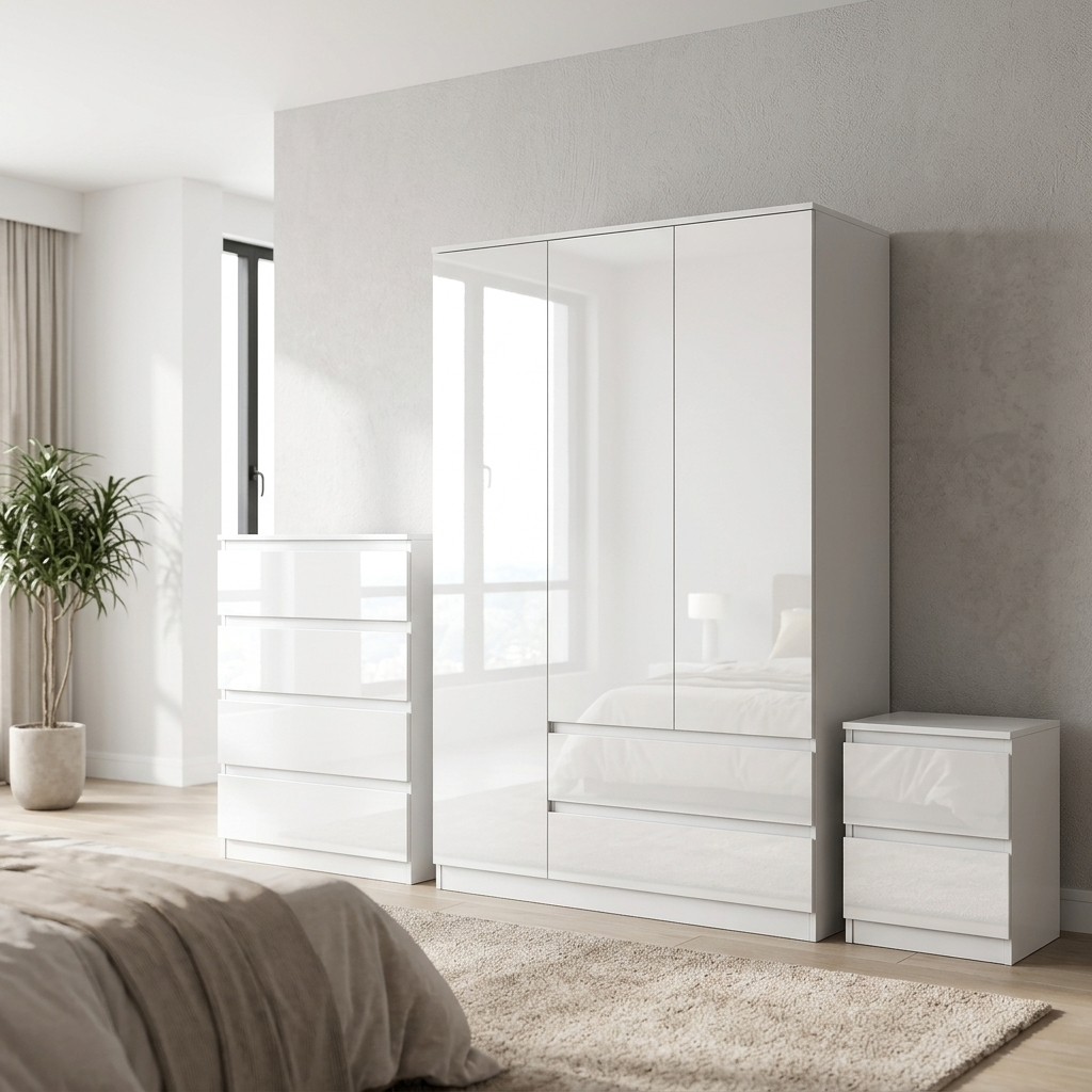 Soho 3 Door Wardrobe & 4 Drawer Chest High Gloss 3 Piece Bedroom Set