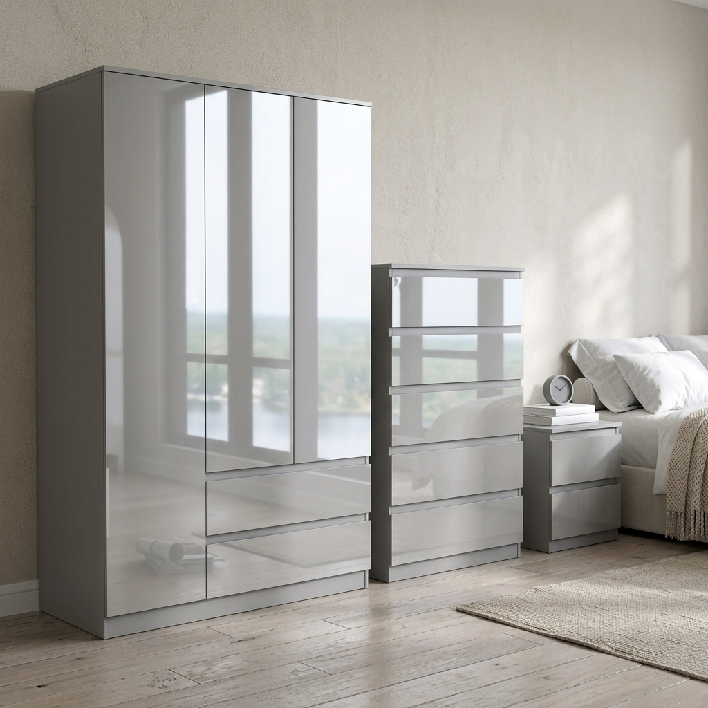 Soho 3 Door Wardrobe & 5 Drawer Chest High Gloss 3 Piece Bedroom Set
