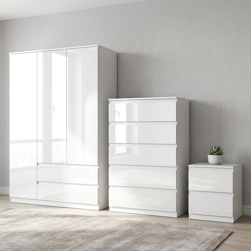 Soho 3 Door Wardrobe & 5 Drawer Chest High Gloss 3 Piece Bedroom Set