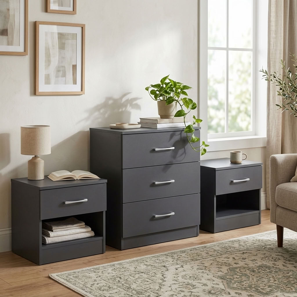 Highbury 3 Drawer Chest of Drawers & 1 Drawer Bedside 3 Piece Bedroom Set