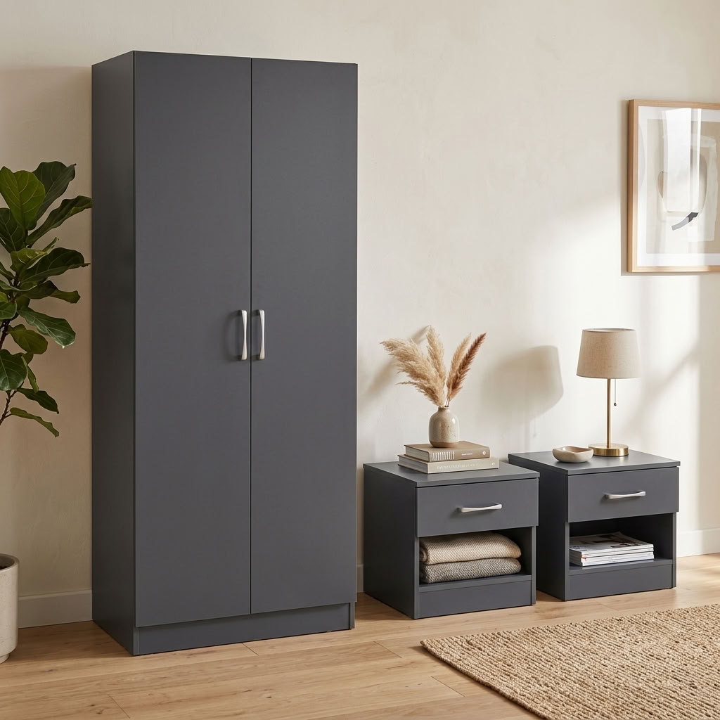 Highbury 2 Door Double Wardrobe & 1 Drawer Bedside 3 Piece Bedroom Set
