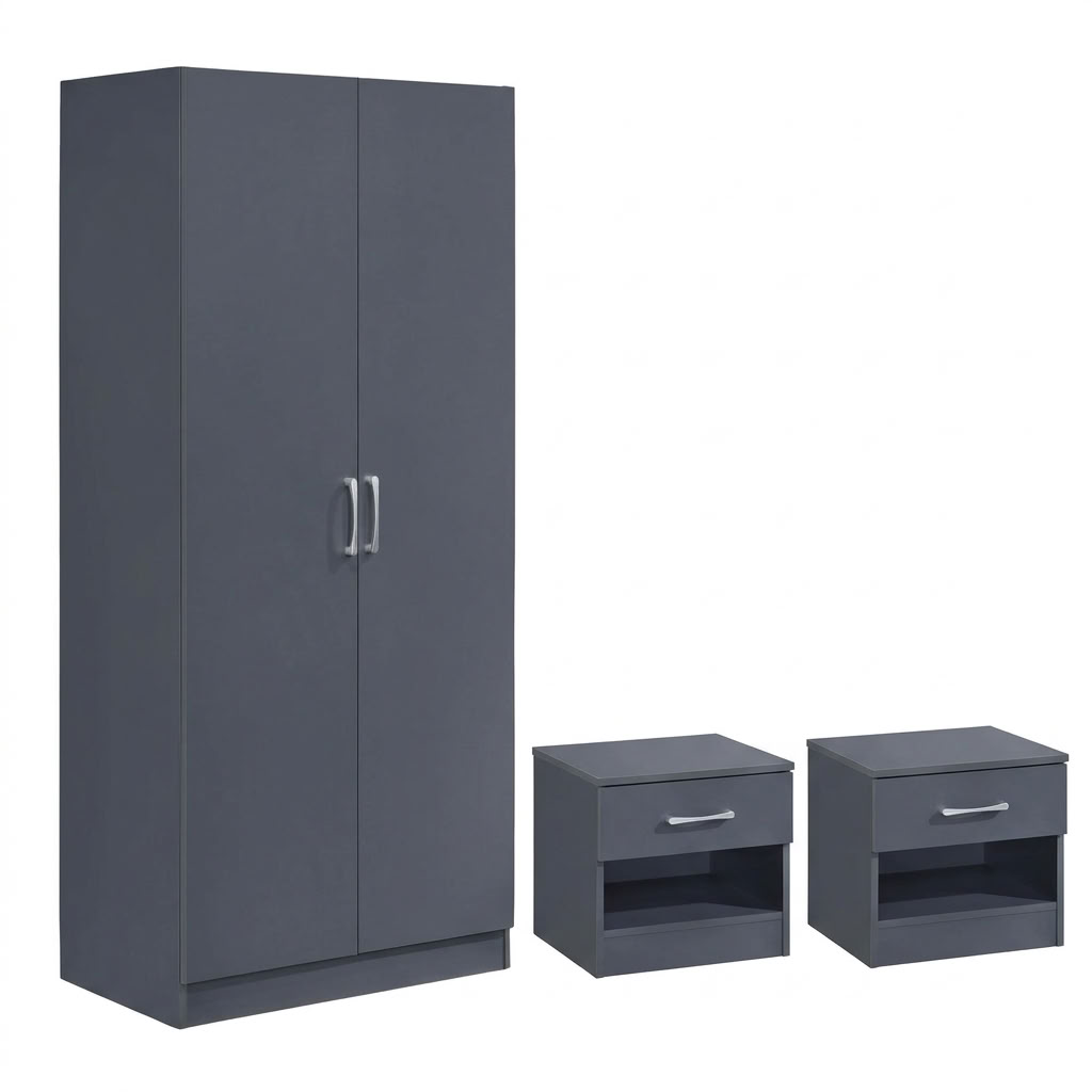 Highbury 2 Door Double Wardrobe & 1 Drawer Bedside 3 Piece Bedroom Set