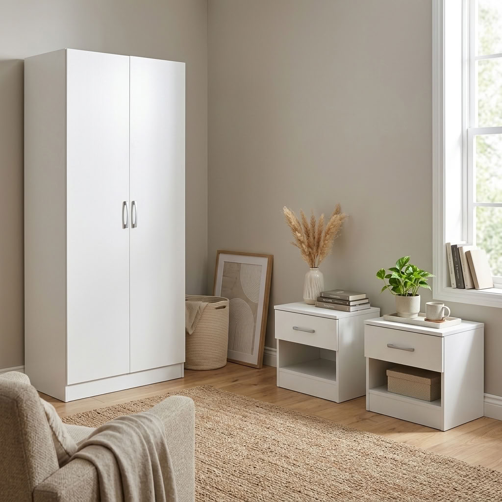 Highbury 2 Door Double Wardrobe & 1 Drawer Bedside 3 Piece Bedroom Set