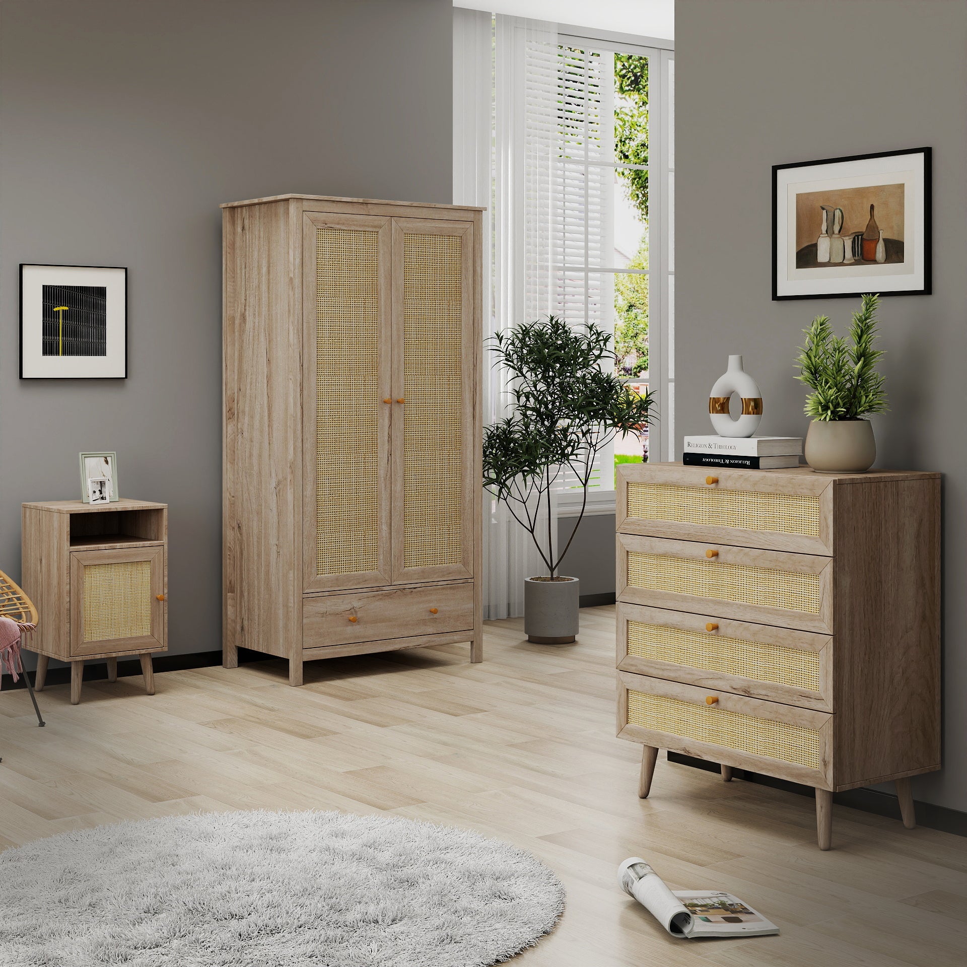 Willow Rattan 2 Door Wardrobe 3 Piece Bedroom Set