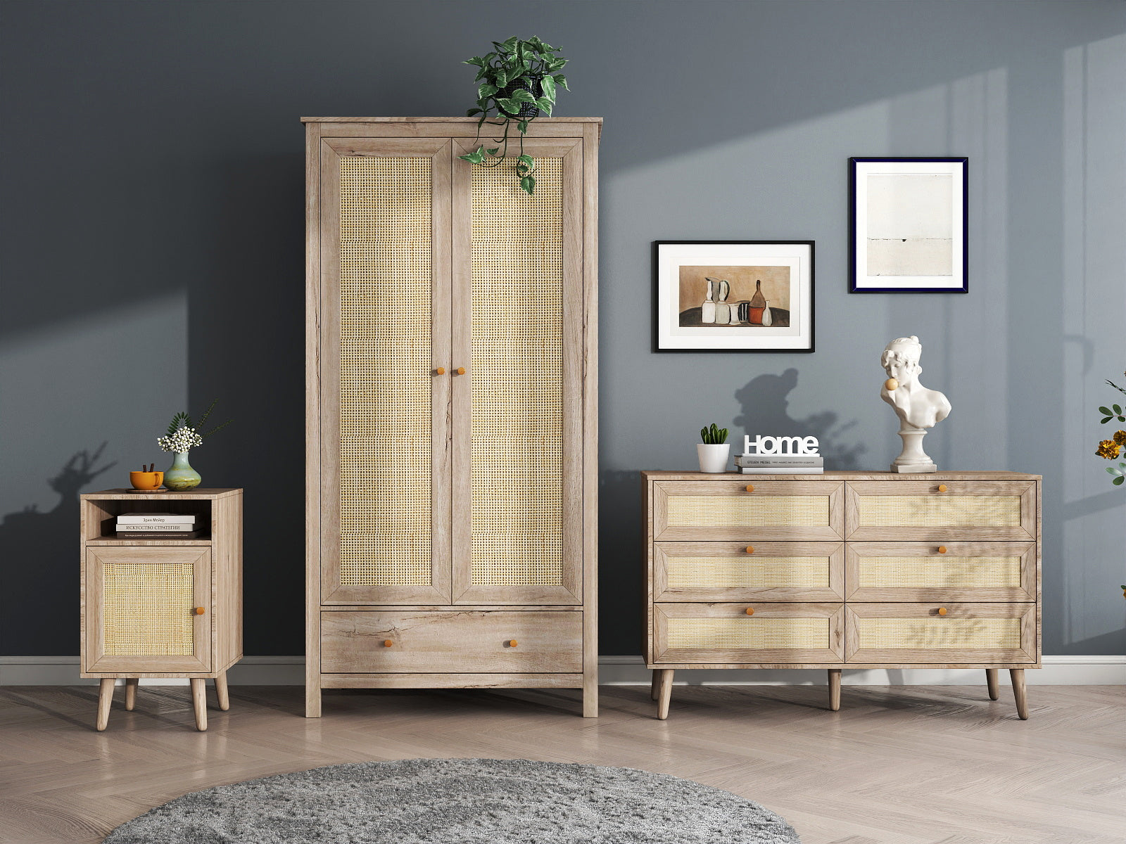 Willow Rattan 2 Door Wardrobe 3 Piece Bedroom Set
