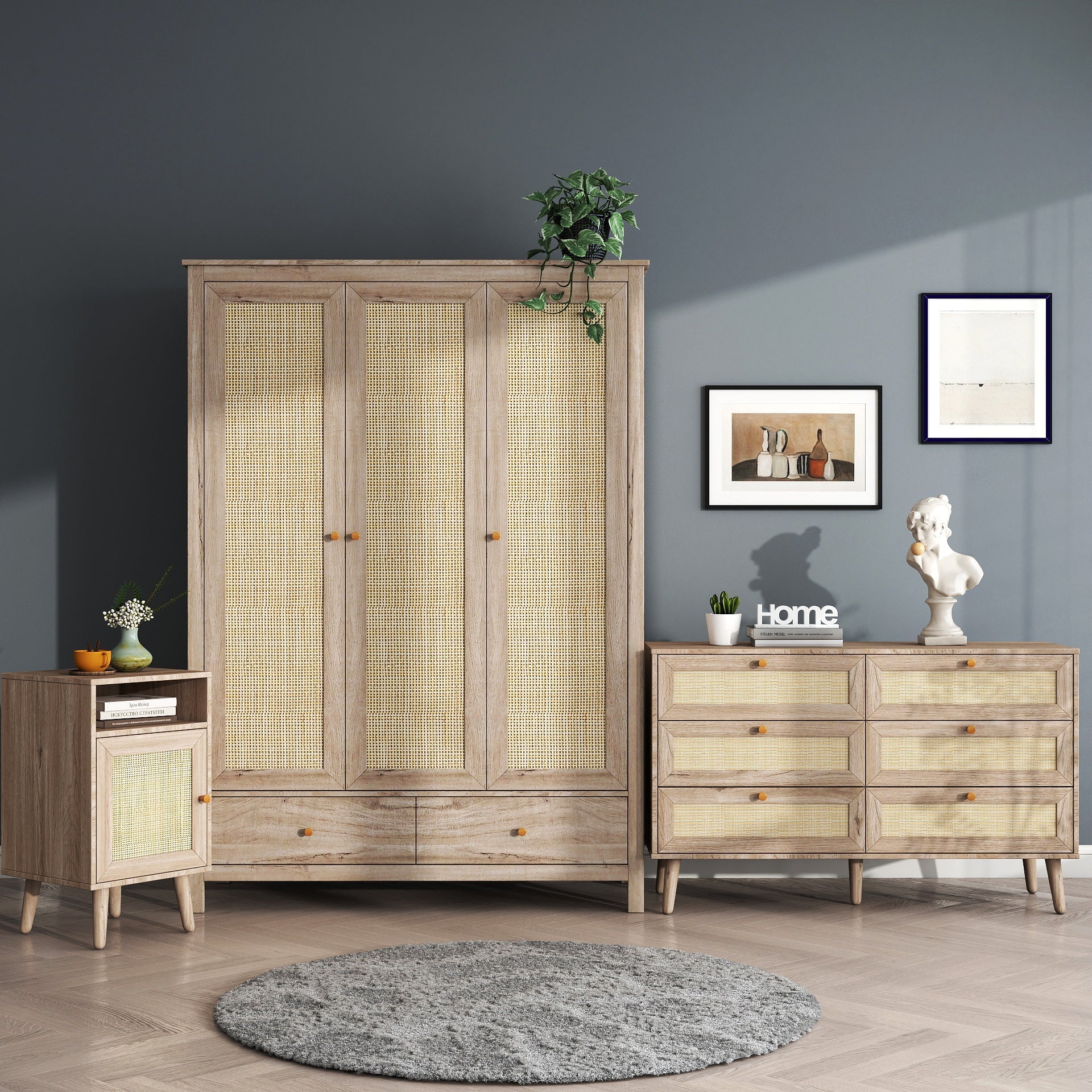Willow Rattan 3 Door Wardrobe 3 Piece Bedroom Set