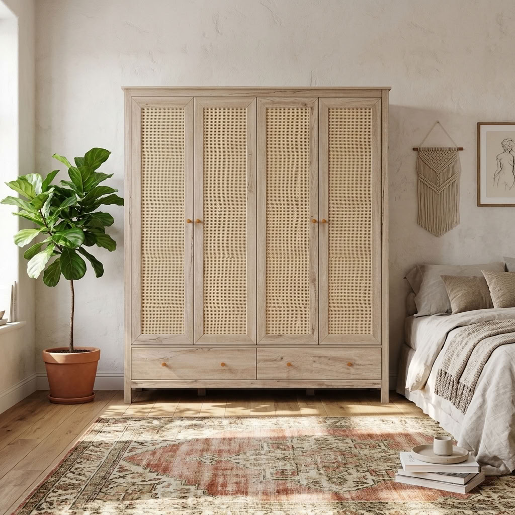 Willow Rattan 4 Door Wardrobe with 2 Drawers