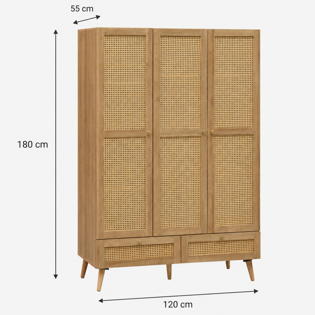 Manila Rattan 3 Door 2 Drawer Triple Wardrobe