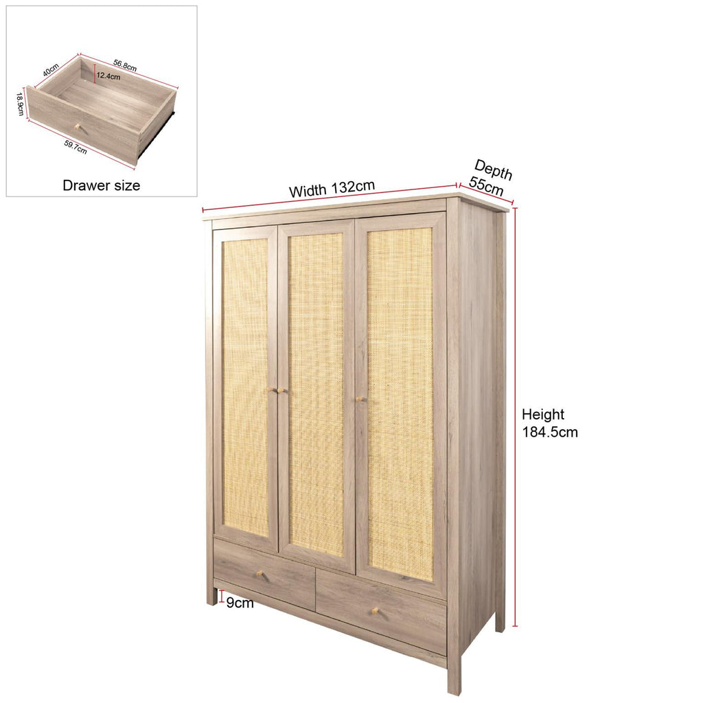 Willow Rattan 3 Door Wardrobe 3 Piece Bedroom Set