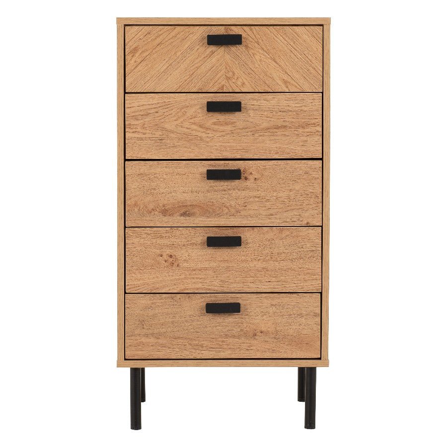 Leon Herringbone Retro 5 Drawer Narrow Chest - Seconique