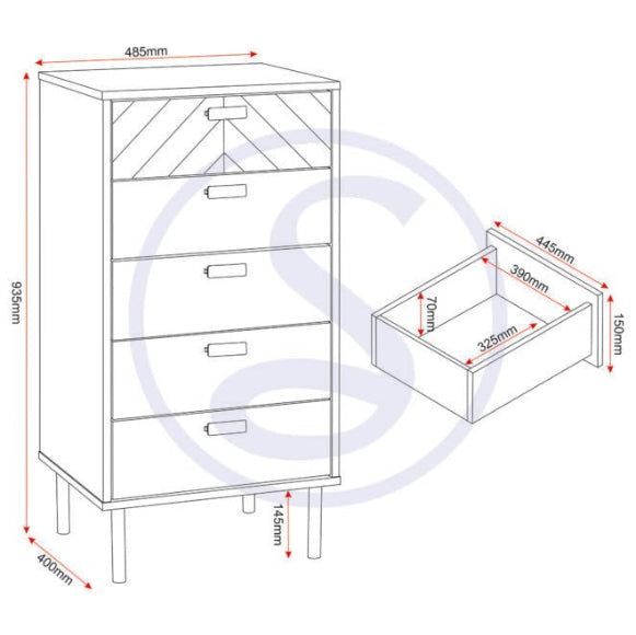 Leon Herringbone Retro 5 Drawer Narrow Chest - Seconique