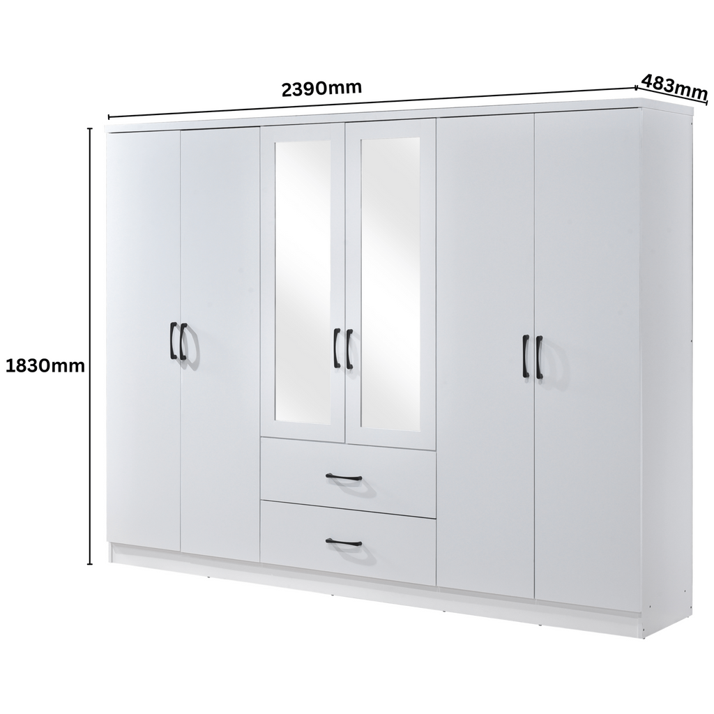 Paddington 6 Door 2 Drawer Mirrored Wardrobe - Swish Furniture